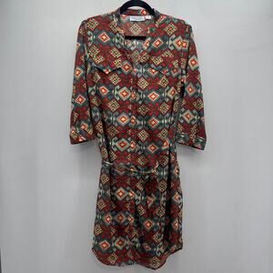 Pink Cattlelac Southwest Print Dress Womens Small Red Blue Pearl‎ Snap Tie Waist
